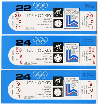 1980 "Miracle on Ice " USA Olympic Hockey Full and Unused Lot of 3 Tickets
